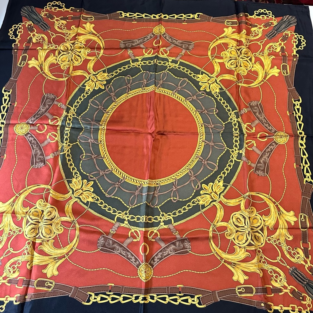 Talbots Equestrian Chain & Belt Print Silk Scarf – New With Tags Rust & Black